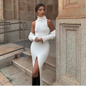 NWT ZARA ECRU TURTLENECK SLEEVELESS RIBBED LONG DRESS M